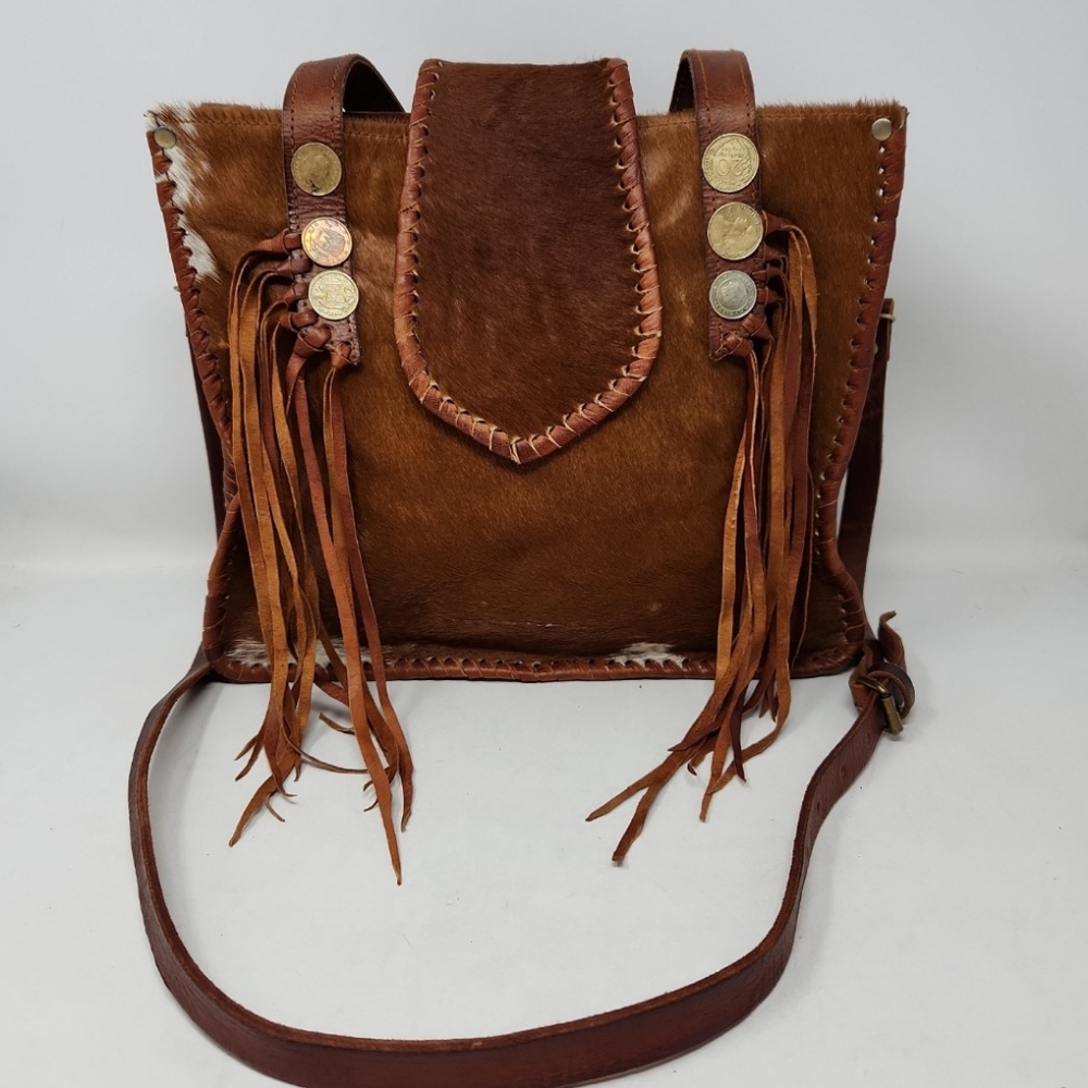 HAIR ON HIDE BOHO WESTERN BAG, FRINGE & COIN